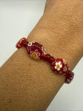 Vintage Boho Red Floral Flower Beaded Bangle Cuff Statement Bracelet